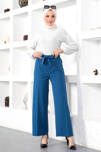 Beli Lastikli Bol Paça Pantolon TSD230109 İndigo - Tesettür Dünyası (1)