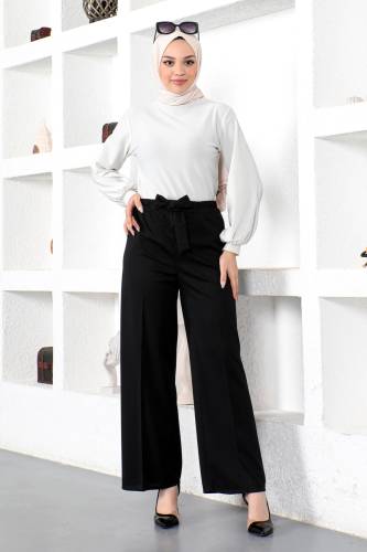 Beli Lastikli Bol Paça Pantolon TSD230109 Siyah - Tesettür Dünyası (1)
