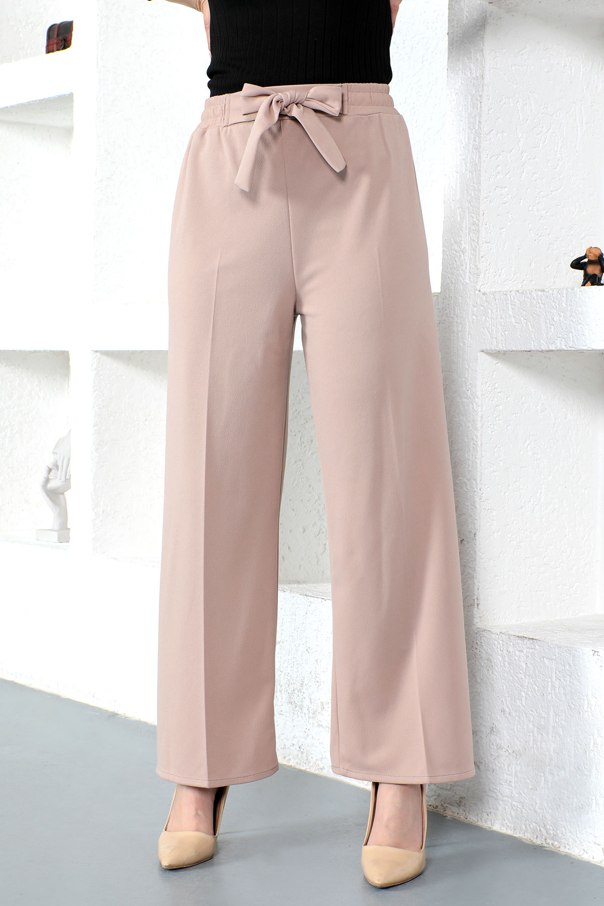 Tesettür Dünyası - Beli Lastikli Bol Paça Pantolon TSD230109 Vizon