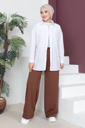 Beli Lastikli Bol Paça Pantolon TSD230514 Kahverengi 