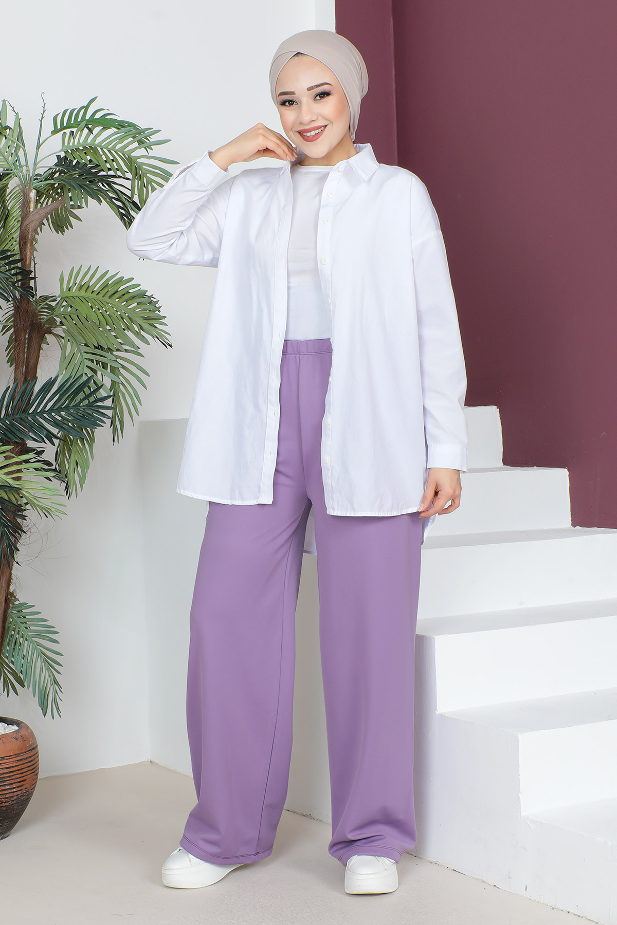 Tesettür Dünyası - Beli Lastikli Bol Paça Pantolon TSD230514 Lila
