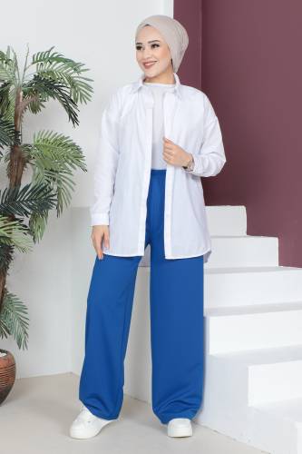Beli Lastikli Bol Paça Pantolon TSD230514 Saks Mavisi 