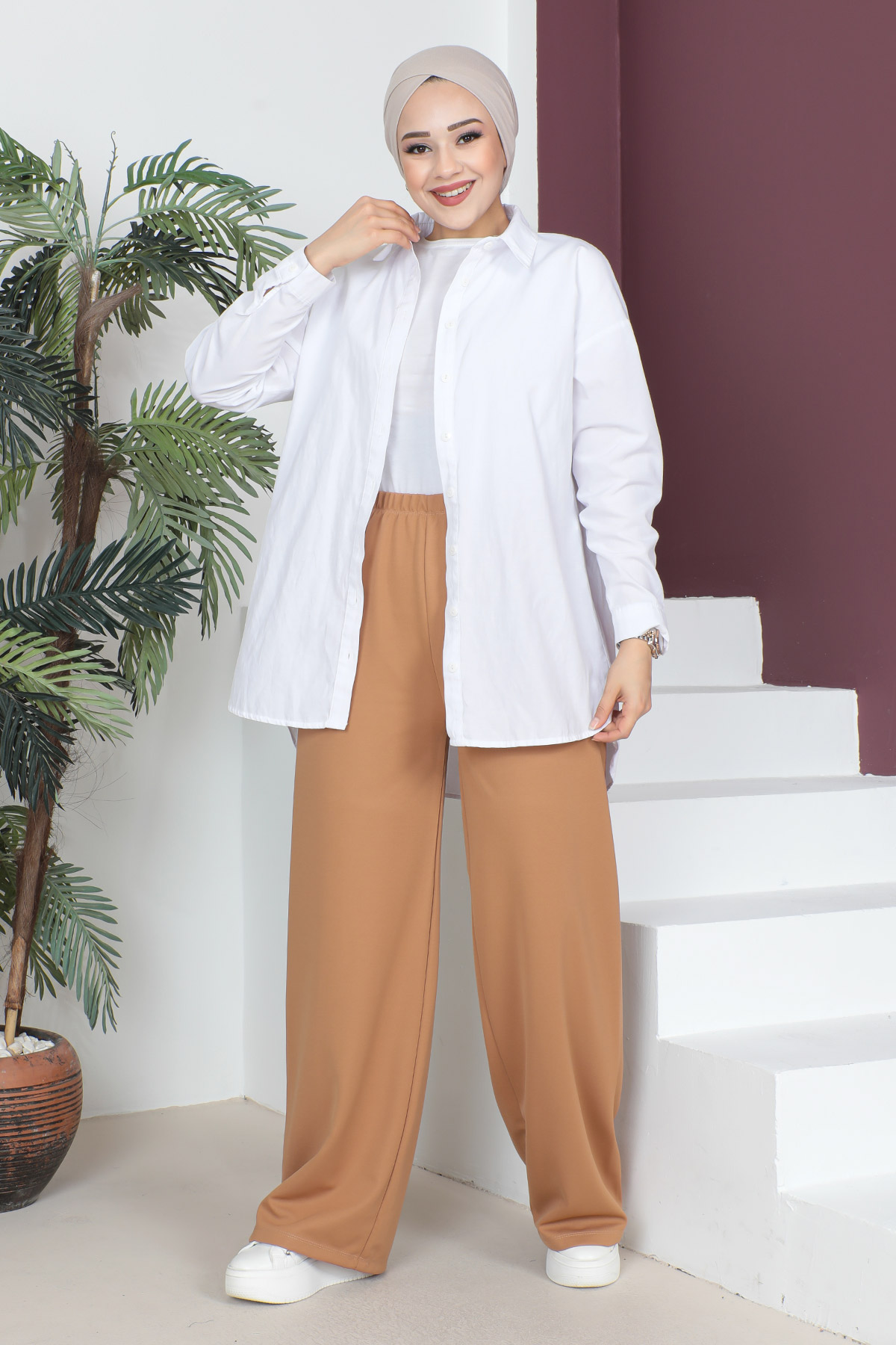 Tesettür Dünyası - Beli Lastikli Bol Paça Pantolon TSD230514 Taba