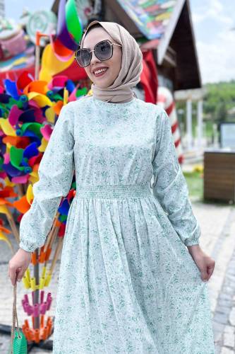 Beli Lastikli Çiçekli Elbise TSD220830 Mint Yeşili 