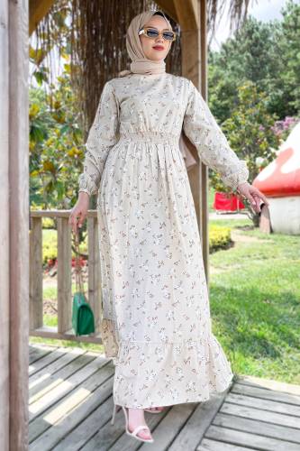 Beli Lastikli Gül Desenli Elbise TSD220831 Vizon 