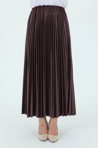 Beli Lastikli Deri Görünümlü Pileli Etek TSD231212 Kahverengi - 2