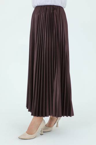 Beli Lastikli Deri Görünümlü Pileli Etek TSD231212 Kahverengi - 3