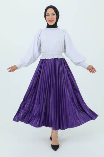 Beli Lastikli Deri Görünümlü Pileli Etek TSD231212 Mor 