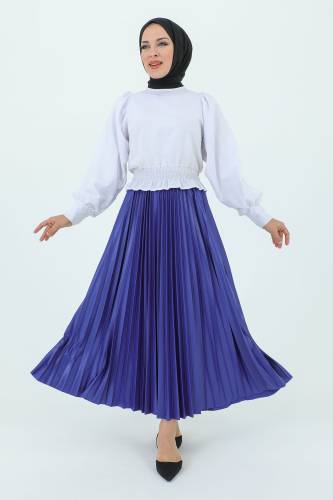 Beli Lastikli Deri Görünümlü Pileli Etek TSD231212 Saks Mavisi 