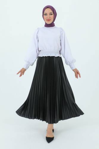 Beli Lastikli Deri Görünümlü Pileli Etek TSD231212 Siyah 