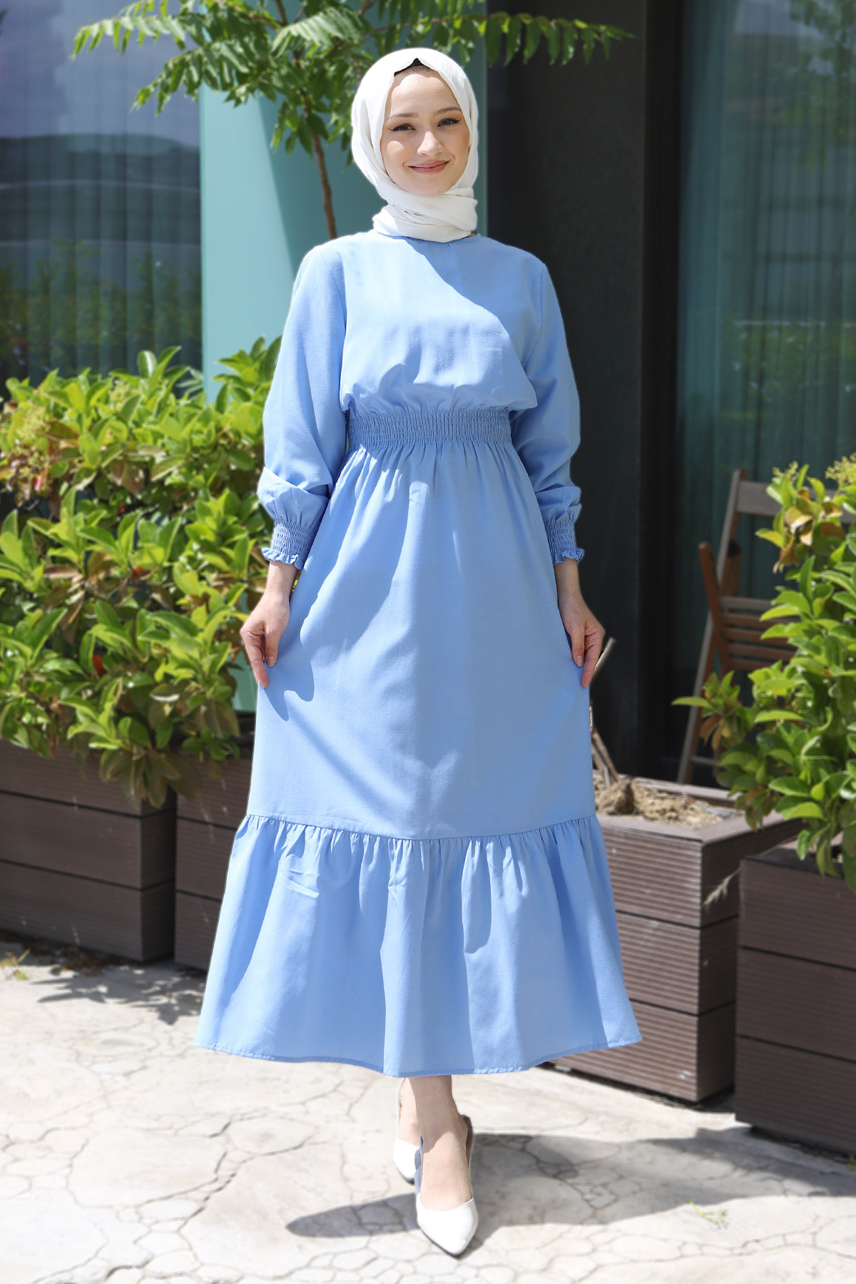 Tesettür Dünyası - Beli Lastikli Elbise TSD220309 Mavi