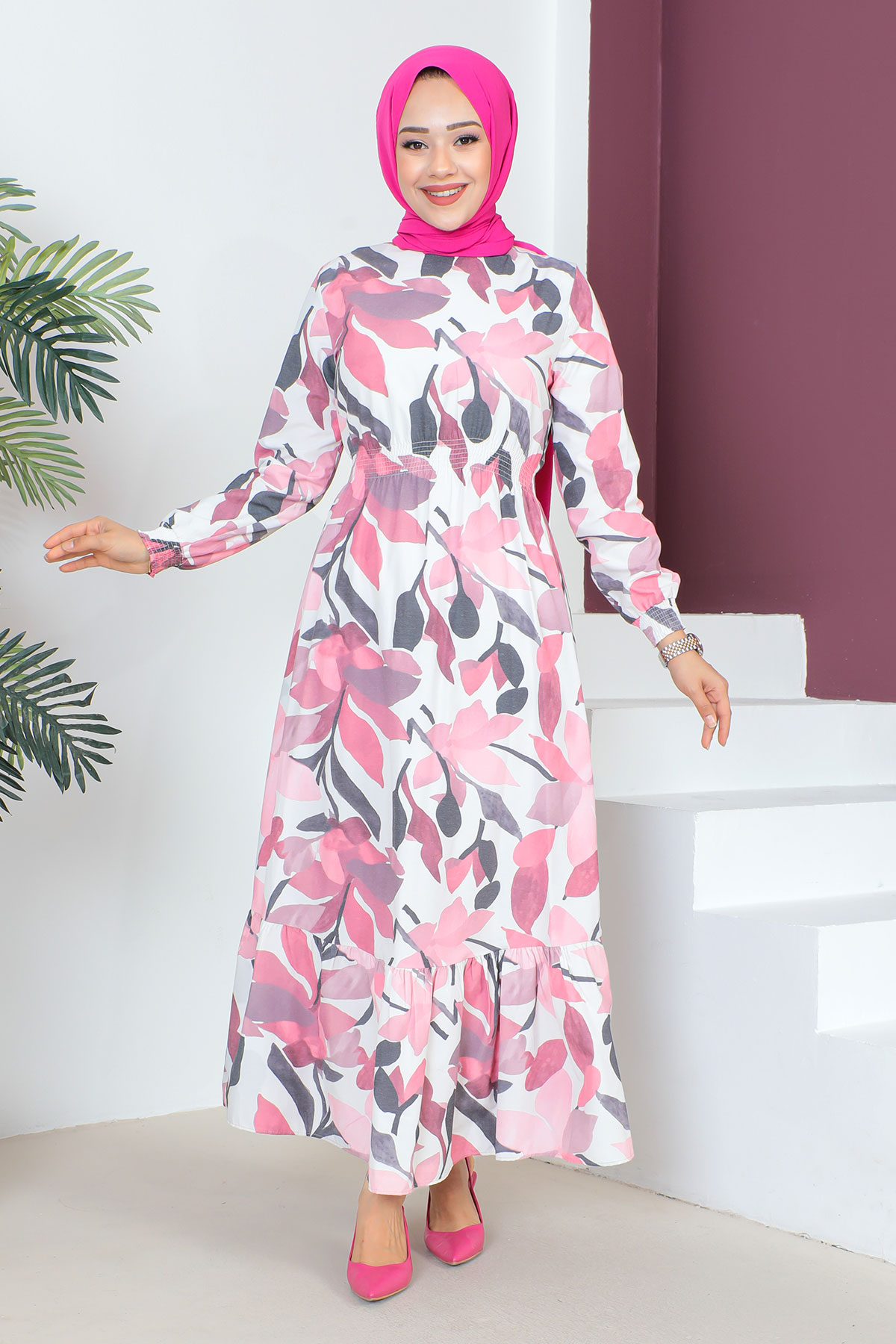 Tesettür Dünyası - Beli Lastikli Elbise TSD230601 Pembe
