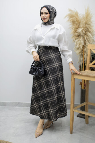 Beli lastikli Kareli Etek TSD260168 Füme - Tesettür Dünyası