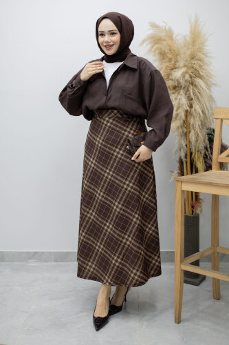 Beli lastikli Kareli Etek TSD260168 Kahverengi - Tesettür Dünyası