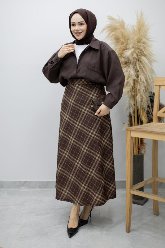 Beli lastikli Kareli Etek TSD260168 Kahverengi - Tesettür Dünyası