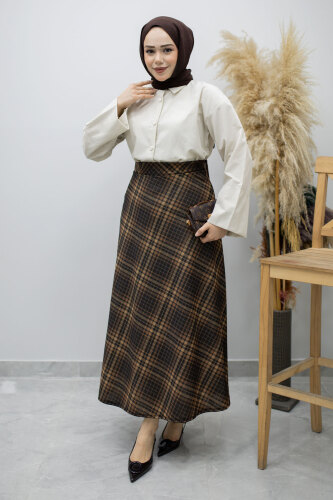 Beli lastikli Kareli Etek TSD260168 Taba - Tesettür Dünyası