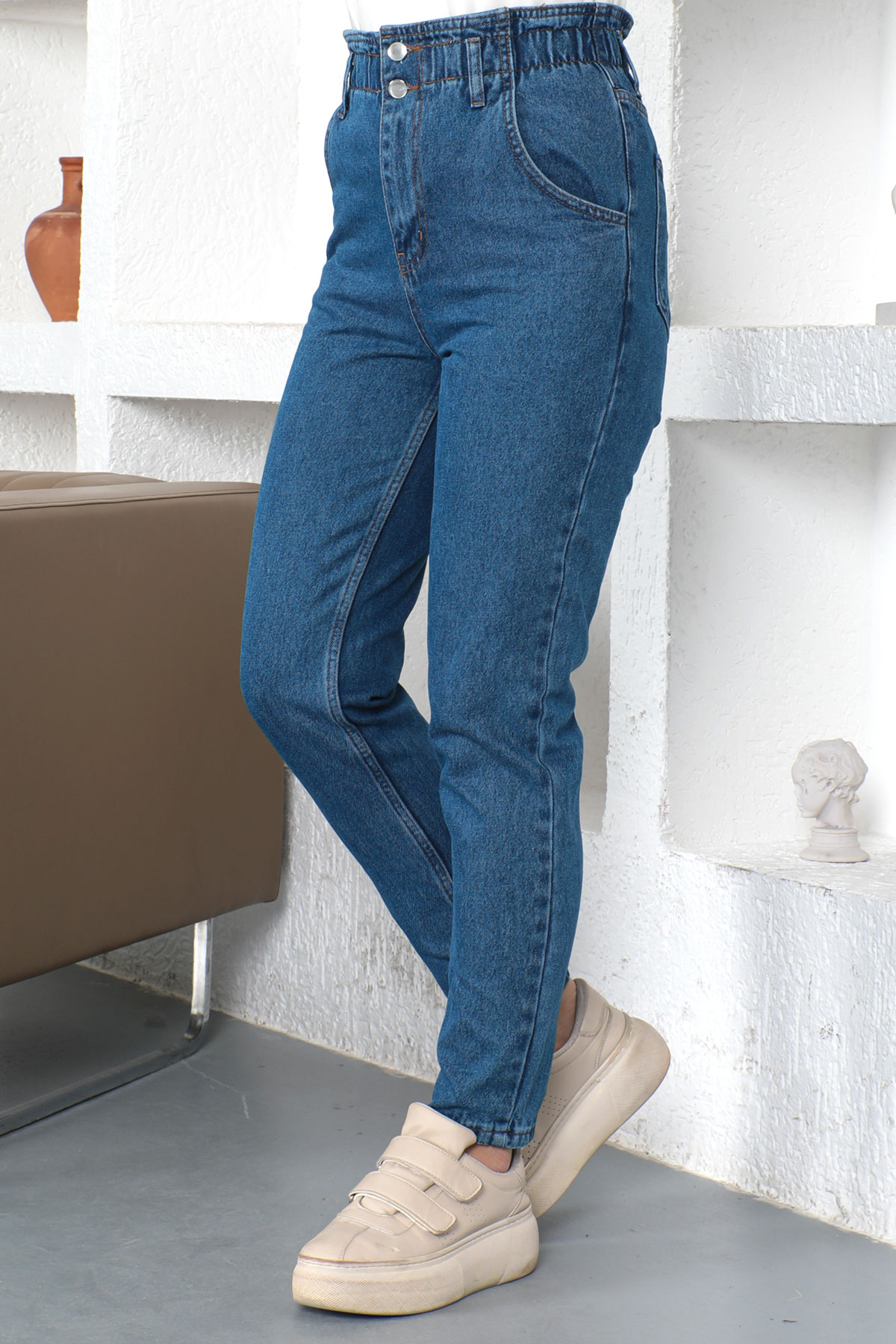 Tesettür Dünyası - Beli Lastikli Mom Jean Pantolon TSD231016 Mavi