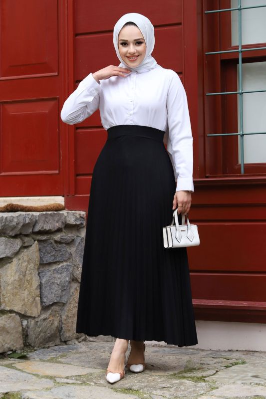 Beli Lastikli Pileli Etek TSD240217 Siyah - 1