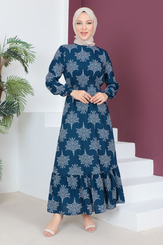 Beli Lastikli Şifon Elbise TSD230523 Lacivert - 1