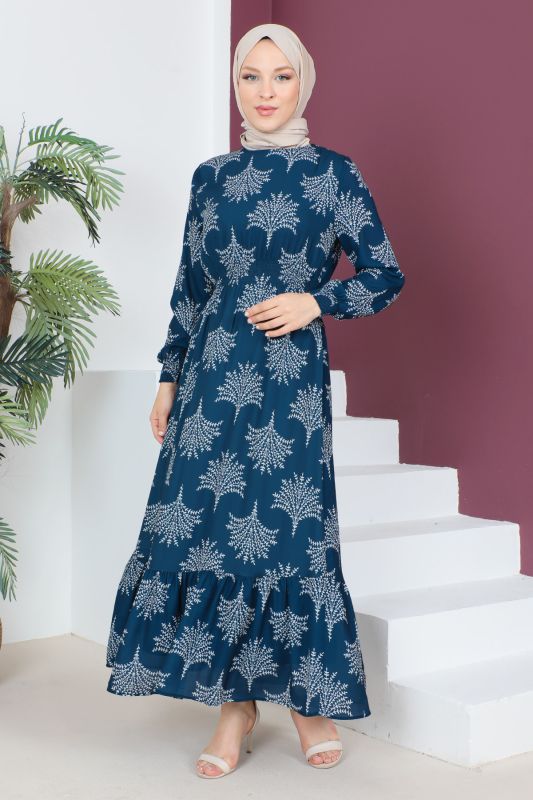Beli Lastikli Şifon Elbise TSD230523 Lacivert - 4