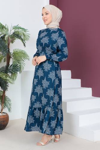 Beli Lastikli Şifon Elbise TSD230523 Lacivert - 3