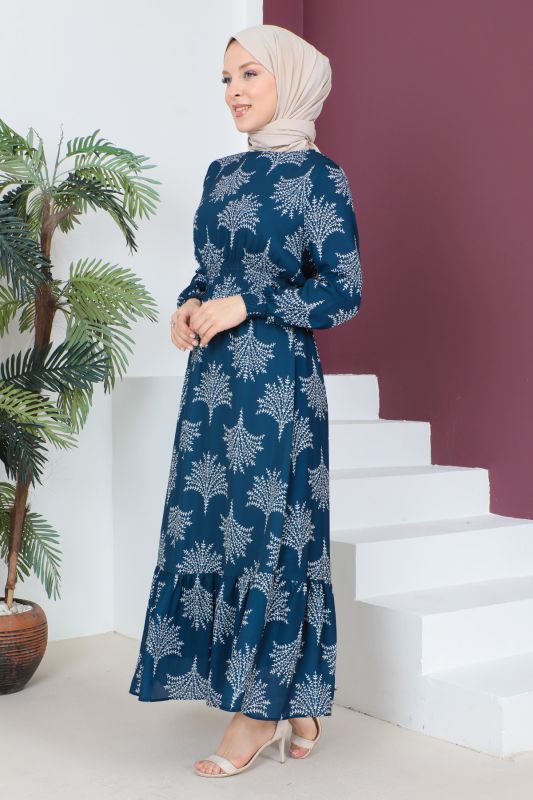 Beli Lastikli Şifon Elbise TSD230523 Lacivert - 3