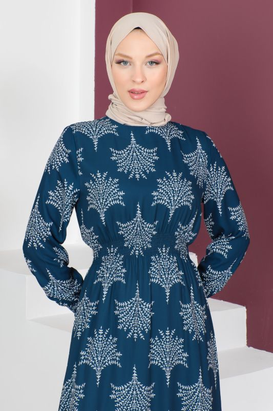 Beli Lastikli Şifon Elbise TSD230523 Lacivert - 2