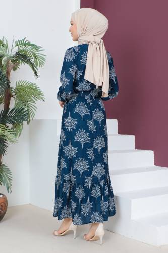 Beli Lastikli Şifon Elbise TSD230523 Lacivert - 5
