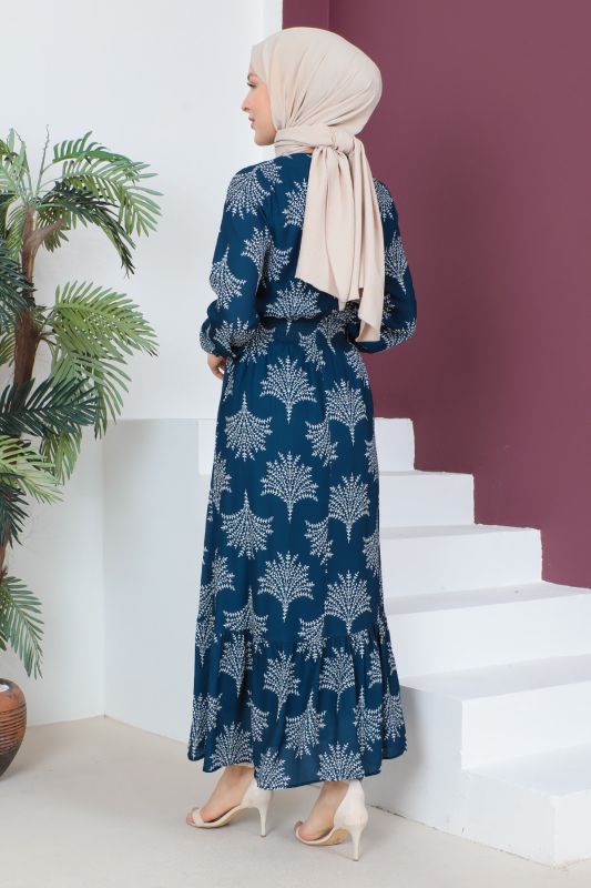 Beli Lastikli Şifon Elbise TSD230523 Lacivert - 5