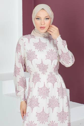 Beli Lastikli Şifon Elbise TSD230523 Lila - Tesettür Dünyası (1)