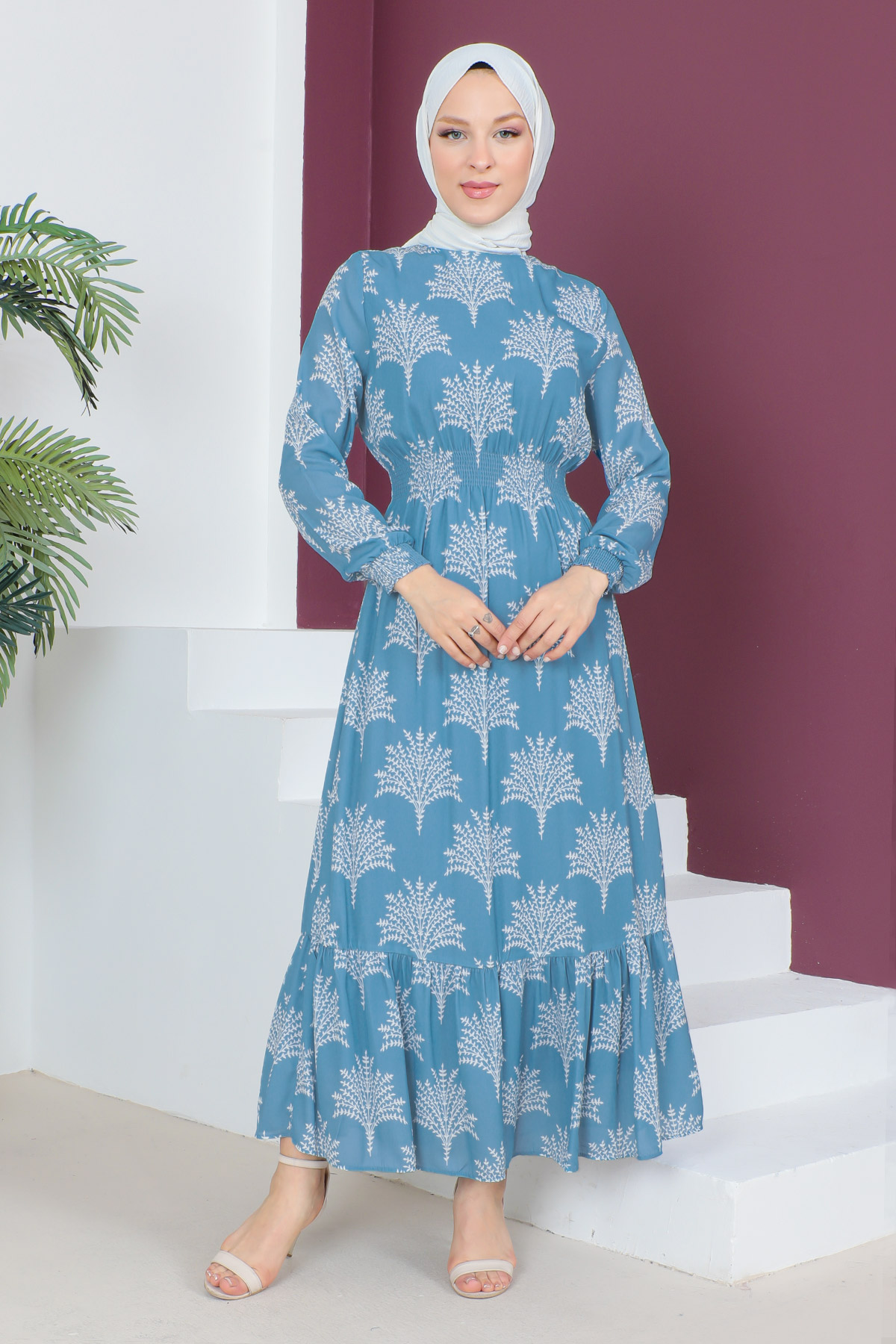 Tesettür Dünyası - Beli Lastikli Şifon Elbise TSD230523 Mavi