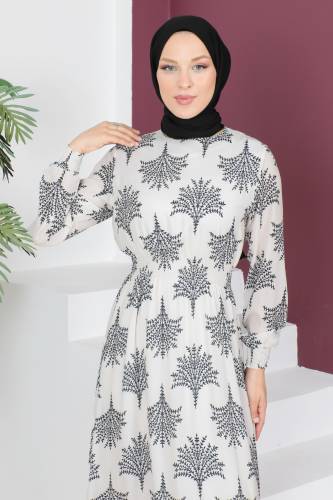 Beli Lastikli Şifon Elbise TSD230523 Siyah - Tesettür Dünyası (1)