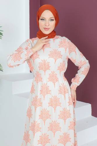 Beli Lastikli Şifon Elbise TSD230523 Turuncu - Tesettür Dünyası (1)