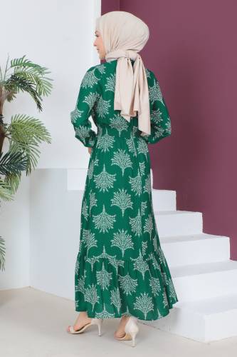 Beli Lastikli Şifon Elbise TSD230523 Yeşil - 5