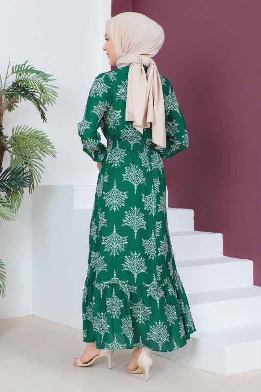 Beli Lastikli Şifon Elbise TSD230523 Yeşil - 5