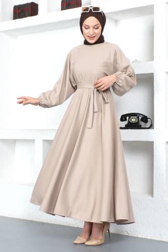 Beli Lastikli Tesettür Elbise TSD230201 Bej 