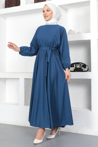Beli Lastikli Tesettür Elbise TSD230201 İndigo 