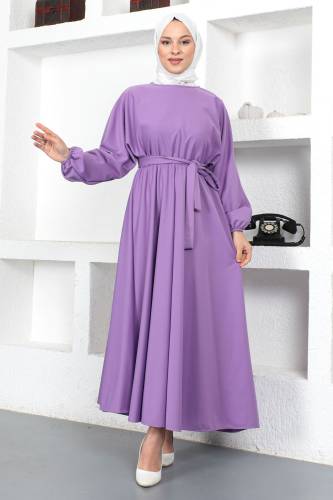 Beli Lastikli Tesettür Elbise TSD230201 Lila 