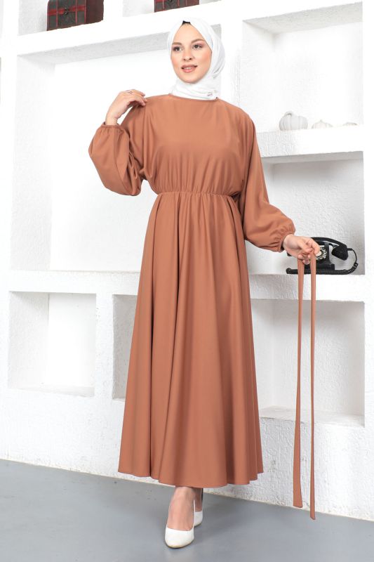 Beli Lastikli Tesettür Elbise TSD230201 Tarçın - 2