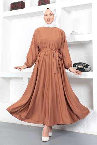 Beli Lastikli Tesettür Elbise TSD230201 Tarçın - 1