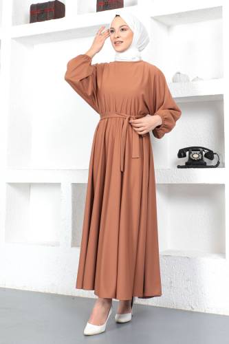 Beli Lastikli Tesettür Elbise TSD230201 Tarçın - 3