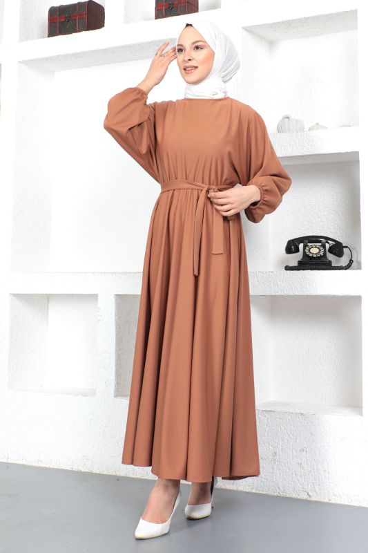 Beli Lastikli Tesettür Elbise TSD230201 Tarçın - 3