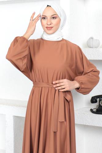 Beli Lastikli Tesettür Elbise TSD230201 Tarçın - 4