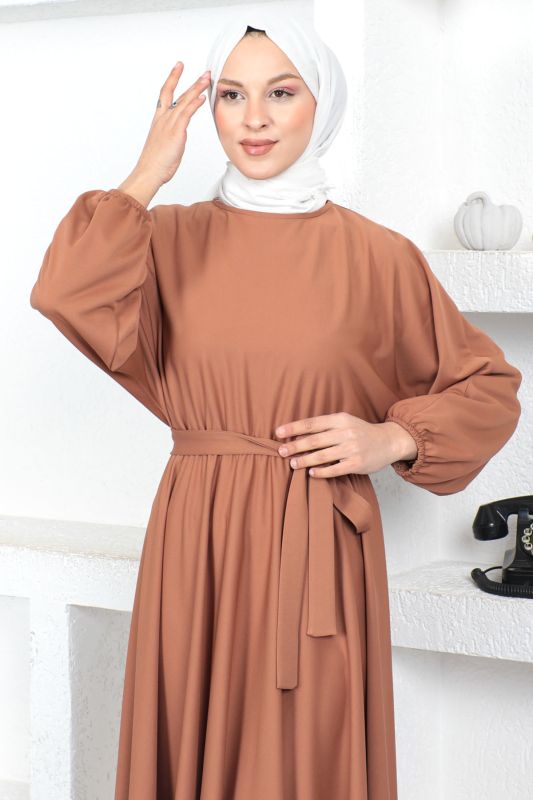 Beli Lastikli Tesettür Elbise TSD230201 Tarçın - 4