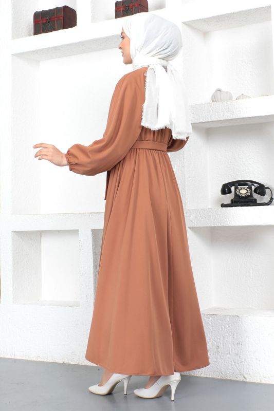 Beli Lastikli Tesettür Elbise TSD230201 Tarçın - 5