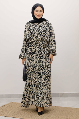 Beli Lastikli Yarasa Kol Viskon Elbise TSD250235 Bej 