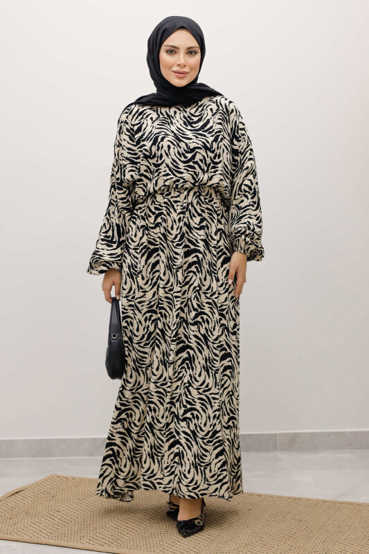 Beli Lastikli Yarasa Kol Viskon Elbise TSD250235 Bej - 1