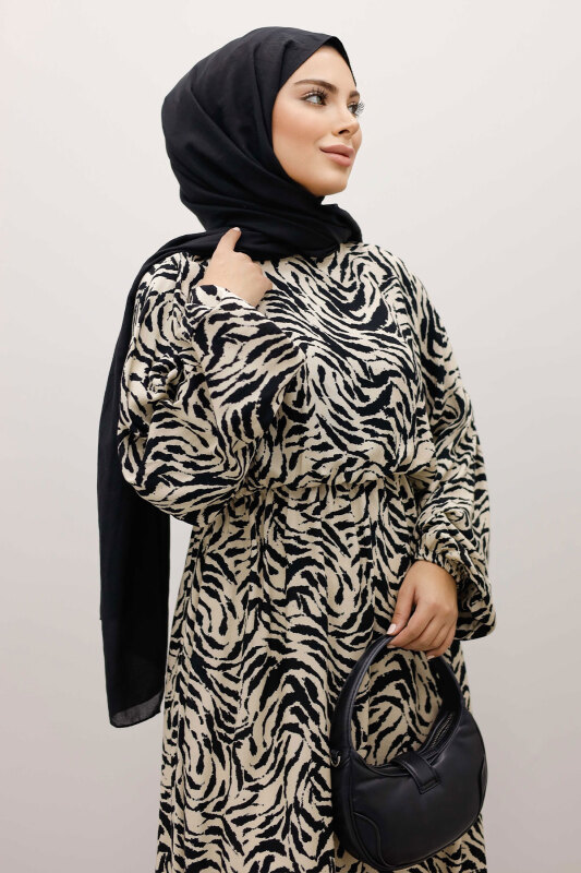 Beli Lastikli Yarasa Kol Viskon Elbise TSD250235 Bej - 2