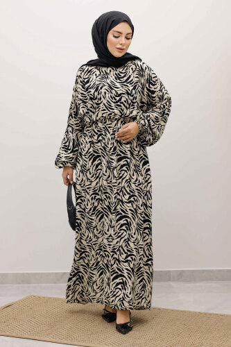 Beli Lastikli Yarasa Kol Viskon Elbise TSD250235 Bej - 3