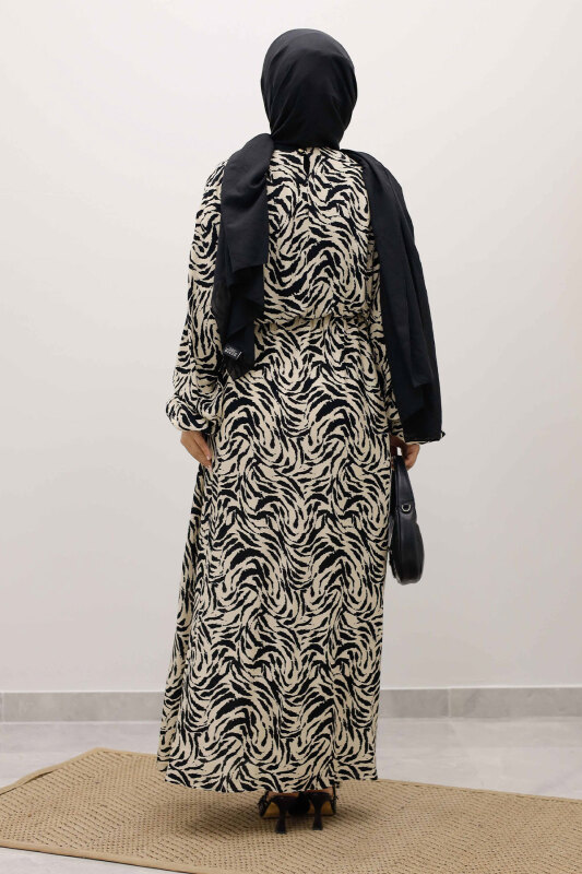 Beli Lastikli Yarasa Kol Viskon Elbise TSD250235 Bej - 6